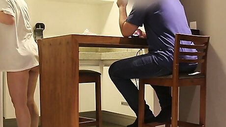 She fucks and sucks her husband's friend's dick while they are alone at home.