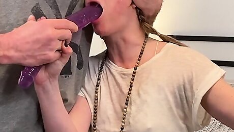 Amateur gets throat rammed with giant dildo