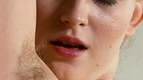 Hot hairy babe Lena Lake solo workout and dildo masturbation