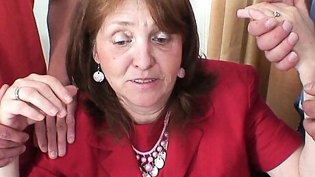 Very old lady boss sucks and rides cocks