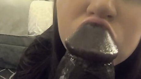 sexy white girl with beautful lips sucks and slurps on black cock