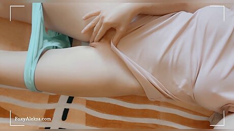 Petite sweet pussy masturbates in panties. Tight nipples in a tight T-shirt. Naked red hairy pussy. orgasm in the bedroo