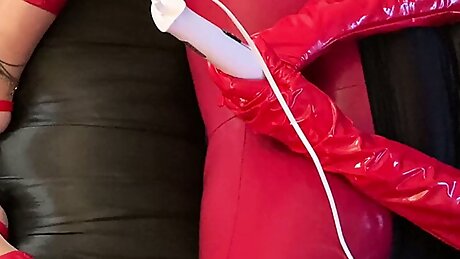 Red leggings, red gloves, black and red heels masturbation