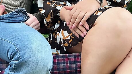 Natural breasted MILF fingers herself and gets my cum in the park