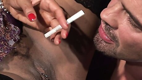 Curvy MILF smokes while hunk bangs her