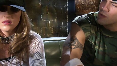 Arousing dame in a lingerie gets banged hardcore on the couch