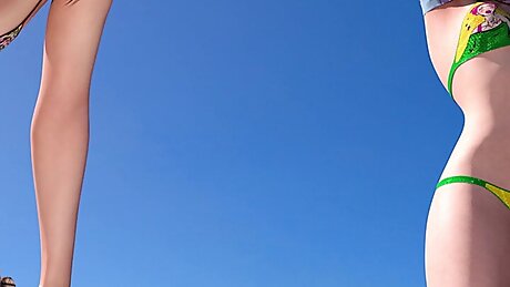 Cute futanari girl fucks her friend on the beach while getting undressed