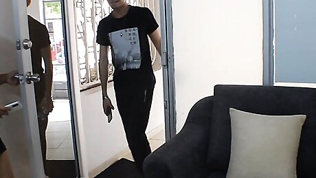 My stepbrother's boyfriend wants to experiment with a woman and records me while I suck him