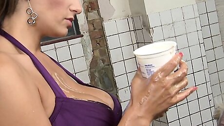 Busty slut duo like to get smothered with cream while fucking each other