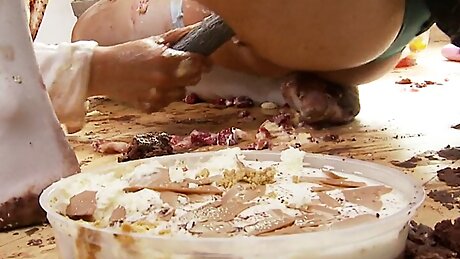 Brunette and redhead sluts with a food fetish fuck on the floor