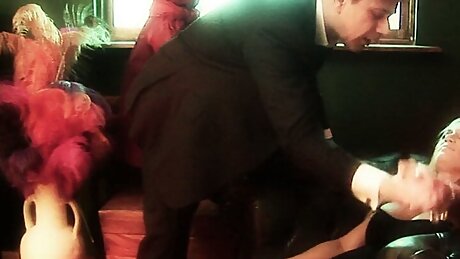 Busty blonde is drinking by herself when dude comes to bang her