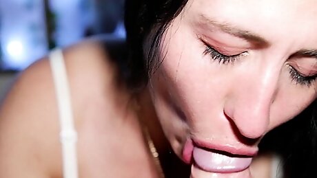 Long Haired Beauty SUCKS Lucky Guy and SWALLOWS CUM