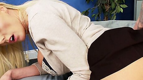 Hot blonde sucks and titty fucks dude with her huge boobs