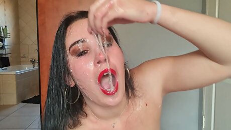 Slut Playing With Her Own Spit As She Gags On Her Own Hand And A Dildo, Blowing Bubbles
