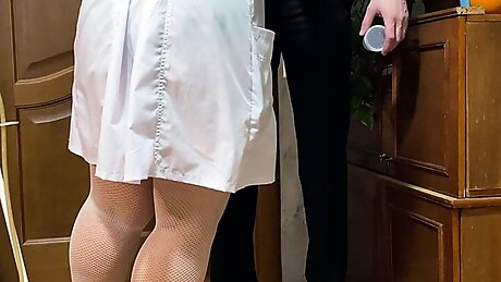 Female doctor with natural breasts jerked off a big cock and got cum analysis