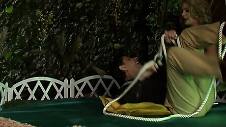 Horny sluts get lucky and fuck together out on a sofa